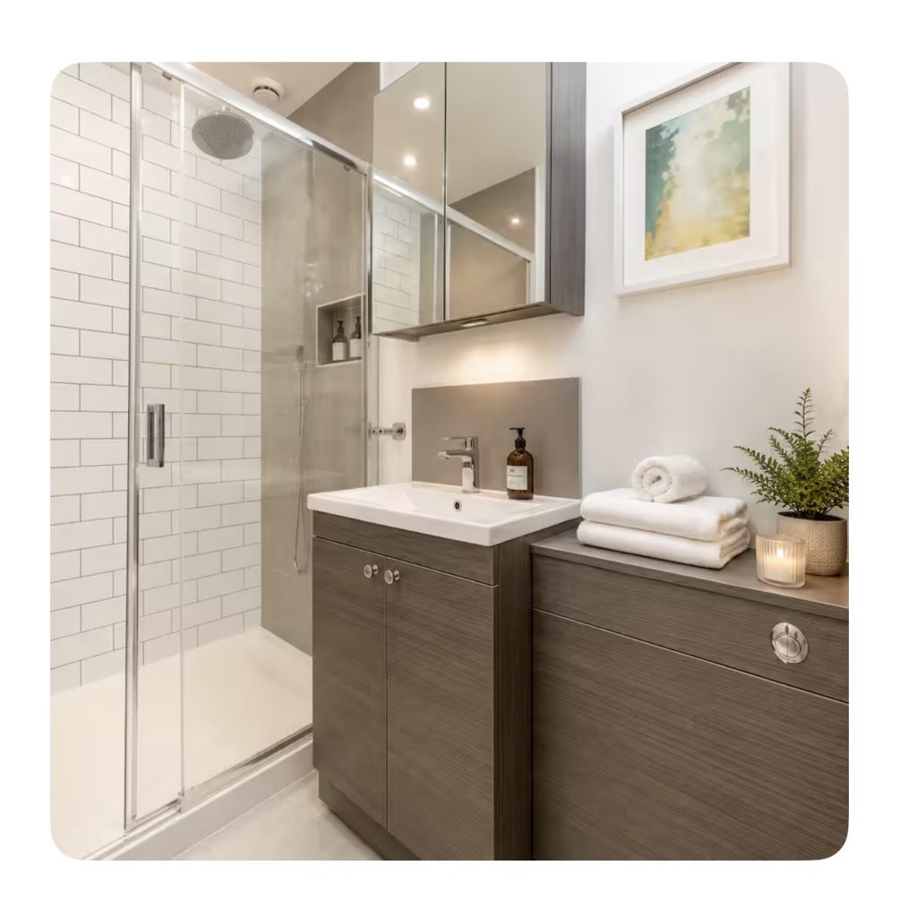New Town Apartment 9 Bathroom with walk-in glass shower and vanity unit at The City Apartments Edinburgh